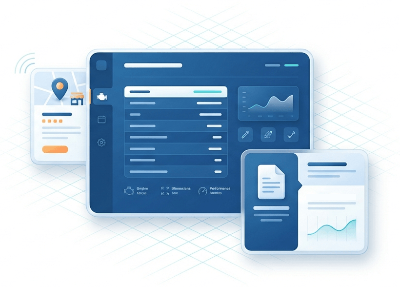 Ilustração de fichas técnicas, empresas automotivas e conteúdo editorial