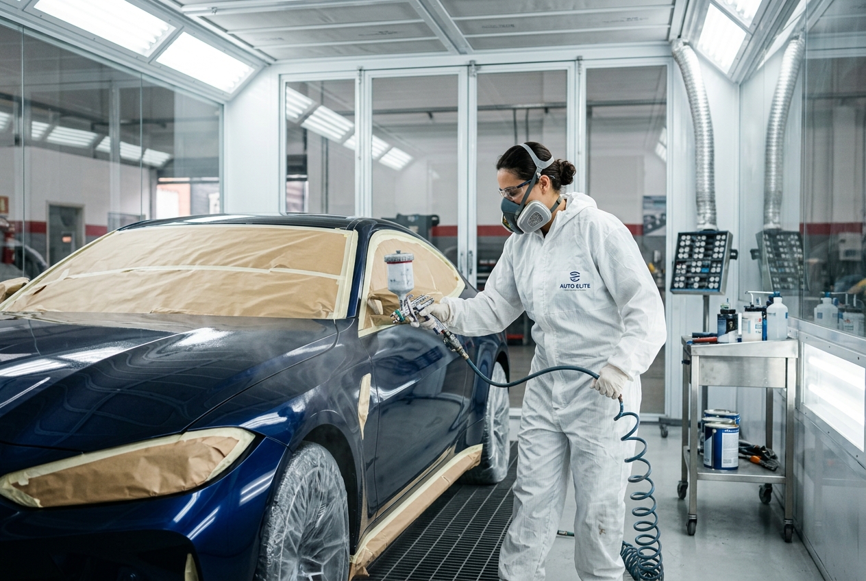 Profissional aplicando pintura ou trabalhando na funilaria de um carro
